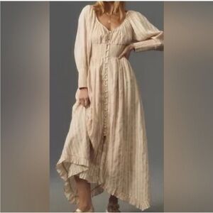 Anthropologie Cream Striped long sleeve Sweetheart Midi Dress PXL